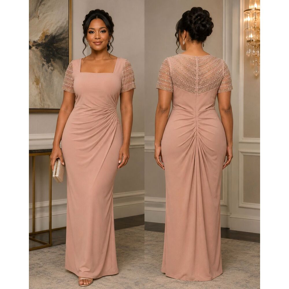 Betsy & Adam Rose Pink Beaded Ruched Formal Gown - Size 12